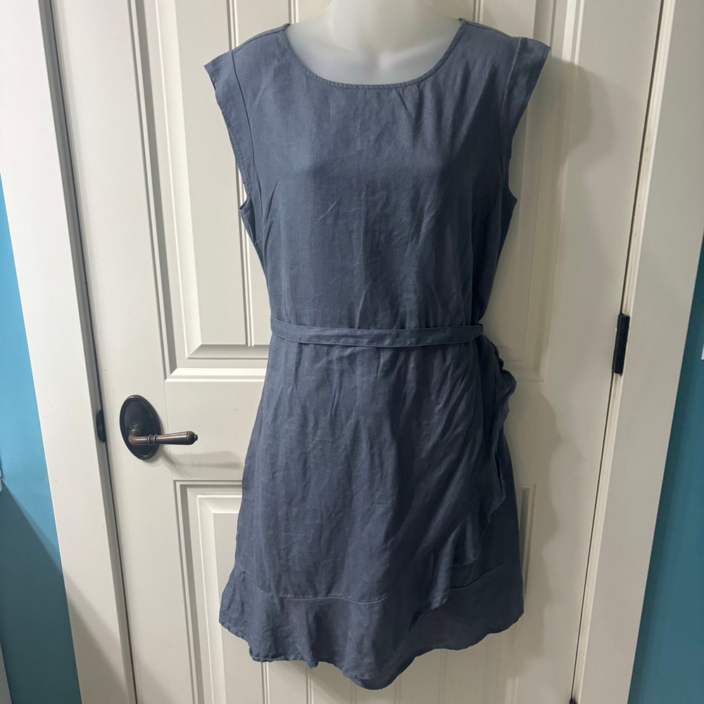 Garnet Hill Chambray Blue Linen Sleeveless Wrap Dress Size 12